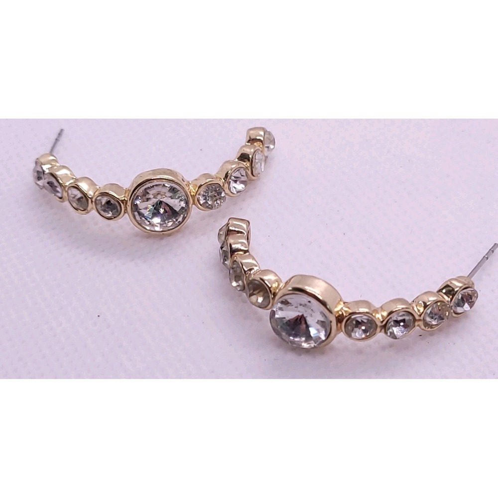 Gold Tone Clear Crystal C Hoop Statement Earrings 33mm Pierced